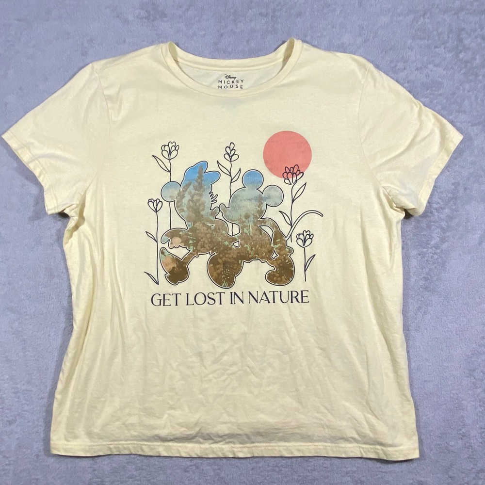 Disney Mickey Mouse T-Shirt Womens XL Yellow Get Lost In Nature Graphic Tee‎
